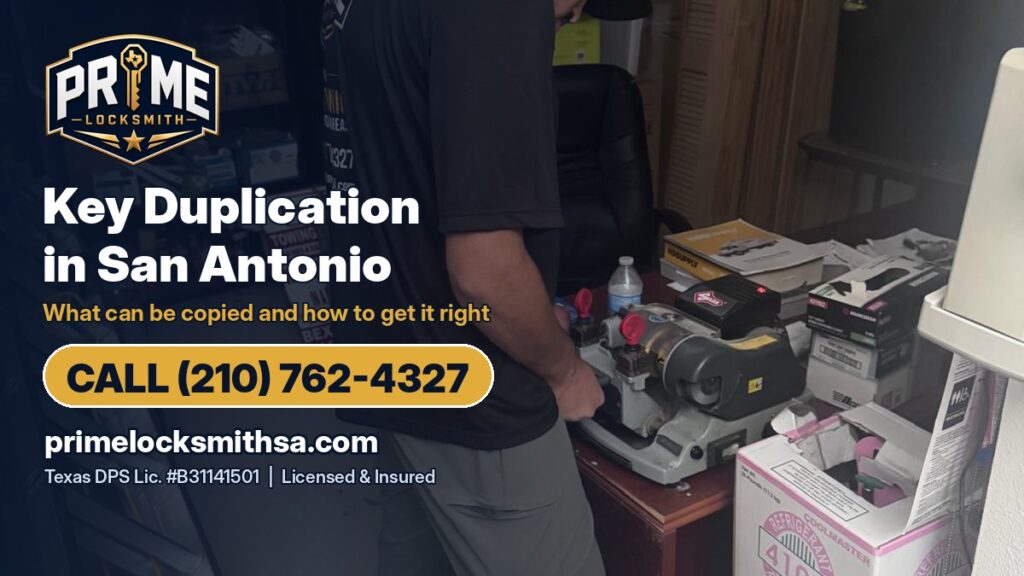 Prime Locksmith technician cutting a duplicate key in San Antonio